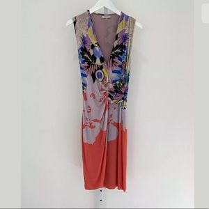 ETRO CORAL LAVENDER MULTI SLEEVELESS FAUX WRAP DRESS SIZE IT 44 / US 8 NWOTS!